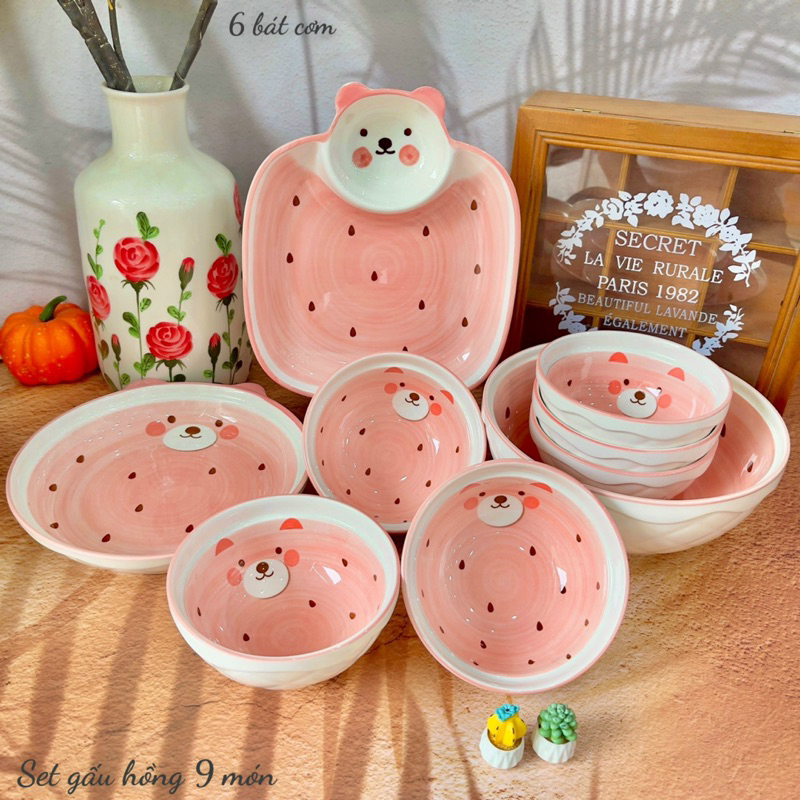 Chén Dĩa Dễ Thương Đĩa Sứ Set Bát Đĩa Decor Bát Ăn Cơm Chén Sứ Đẹp Bộ gấu hồng trang tri đồ ăn xinh 