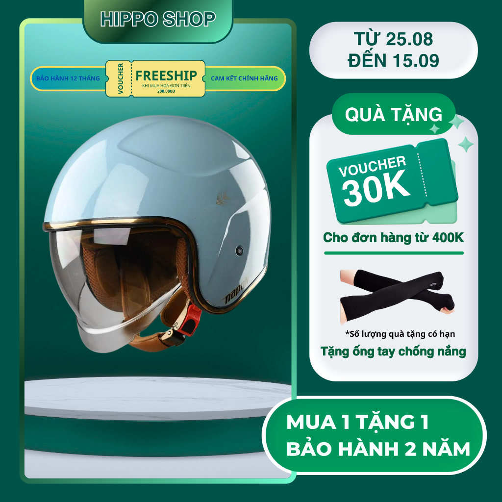 Mũ Bảo Hiểm NAPOLI 3/4 Kính Âm N189 Màu Xanh Xi Măng Bóng Bảo Hành 12 Tháng Phù Hợp Nam Nữ Size M,L (56cm > 60cm)