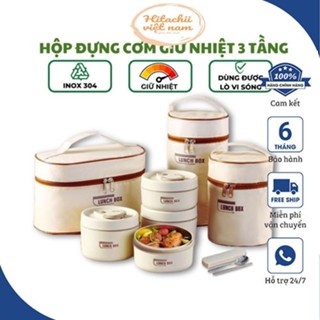 Hộp đựng cơm giữ nhiệt văn phòng lúa mạch Lunch box 3 tầng Inox 304 chống gỉ cao cấp, sang trọng, bảo hành 12 tháng