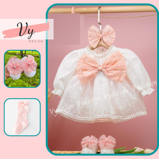 Set Váy Đầy Tháng Cho Bé Gái. Set Body Bé Gái Nơ Cam, Đầm Đầy Tháng Kèm Giầy Công Chúa, Tất, Turban