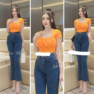 HV - Áo thun body  cổ vuông rúm ngực nhiều màu