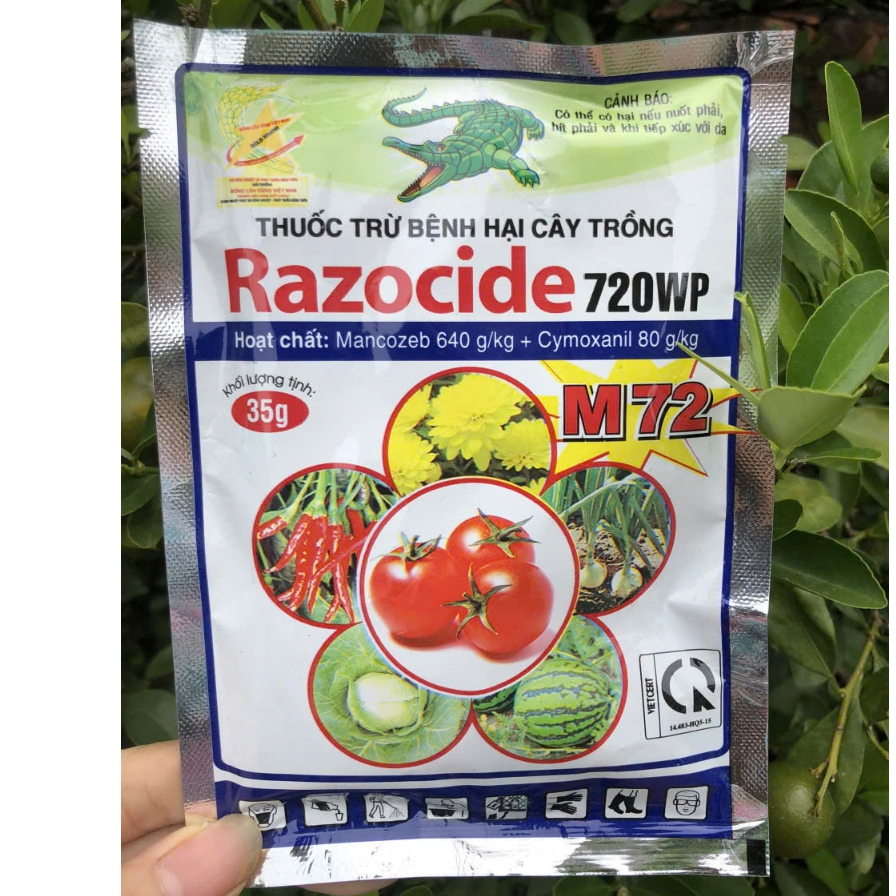 Razocide 720WP - 35gr. Mancozeb 640 g/kg + Cymoxanil 80 g/kg. Trừ sương mai, vàng lá, thán thư, rỉ s