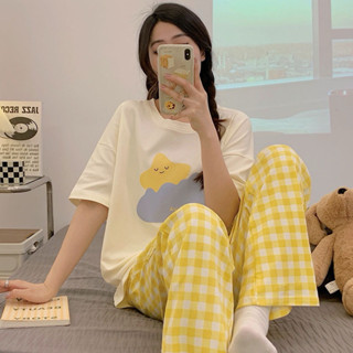 sét đồ nữ quần dài caro áo ngắn tay in hình LAM, đồ bộ nữ mặc nhà, mặc ngủ, chất kate lụa phom suông trẻ trung