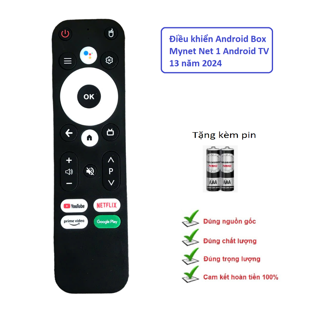 Remote điều khiển Android Box Mynet Net 1 Android TV 13 năm 2024 - Tặng kèm pin 