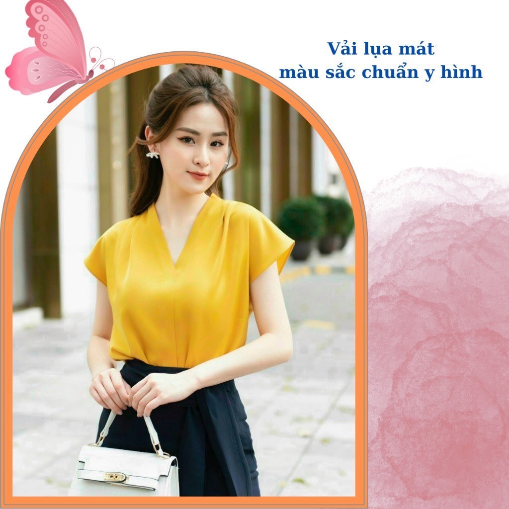 Áo sơ mi ngắn tay cổ chữ V Nahi.vn AN01 có khí chất dành cho nữ mùa hè 2023 đi làm chuyên nghiệp chất lụa mát