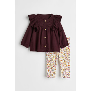 [hm aut] set áo sơ mi tím quần legging hoa 1338