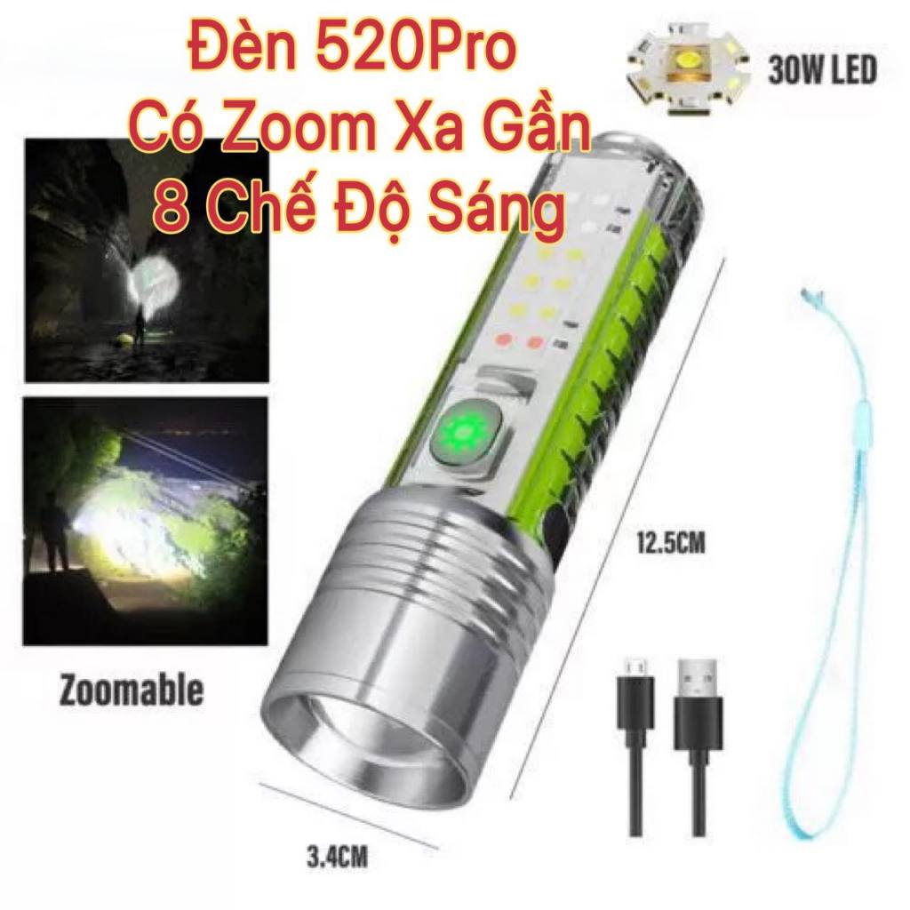 Móc Khóa Đèn Pin LED Mini 520 Pro có 8 chế độ sáng,Kháng Nước, Đèn pin siêu sáng, đèn soi tien, cáp 