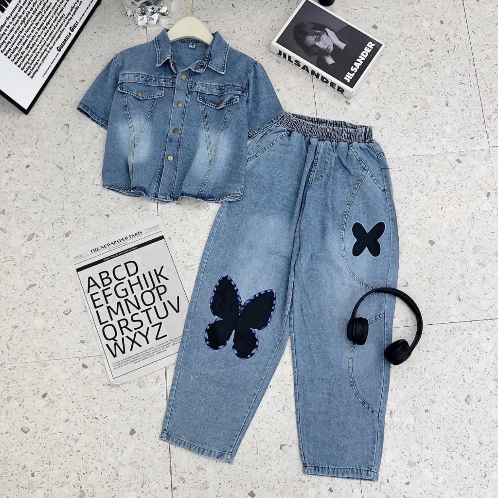 Sét Jeans _ Set Bò Áo Phối Quần Dài Baggy Hack Dáng _ Quần Sơn In Hình Bướm Siêu Chảnh