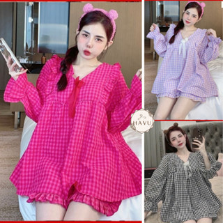 Set babydoll tay DÀI QUẦN ĐÙI phồng caro, đồ bộ nữ kẻ caro kiểu dáng babydoll buộc nơ chất vải đũi xốp bánh bèo
