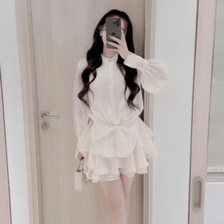 Aó Váy Thiết Kế Bo Hông Phối Nơ + Mira Dress - váy đi tiệc ( kèm quần bảo hộ+ kèm hoa)