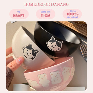 Bát và cốc sứ mèo gốm Nhật vintage, bát gốm sứ hoạt hình, chú mèo cho bữa ăn