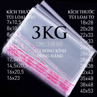 3KG Túi bóng kính dán miệng, túi opp đóng hàng, túi trong suốt đựng quần áo, bao kiếng gói hàng tự dán -Xưởng Mimime