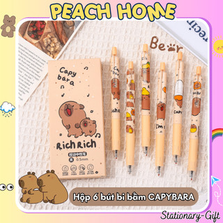 Hộp 6 Bút Bi Bấm 0.5mm CAPYBARA rich rich Mực Gel Đen Hot Trend 2024 Set Cây Viết Cute 1k Peach Home