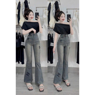 Quần jean ống loe QC thêu chữ X chaneo màu xanh dơ siêu hot mẫu mới nhất nhà HA TIT STORE