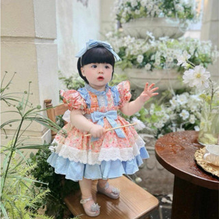 Váy Lolita Dài Tay Hoa Thỏ Hồng Caro Xanh Kèm Cài 4-20 Kg,1 Tháng-5 Tuổi,Đồ Cho Bé Gái Đầy Tháng Sinh Nhật Chất Thô Cott