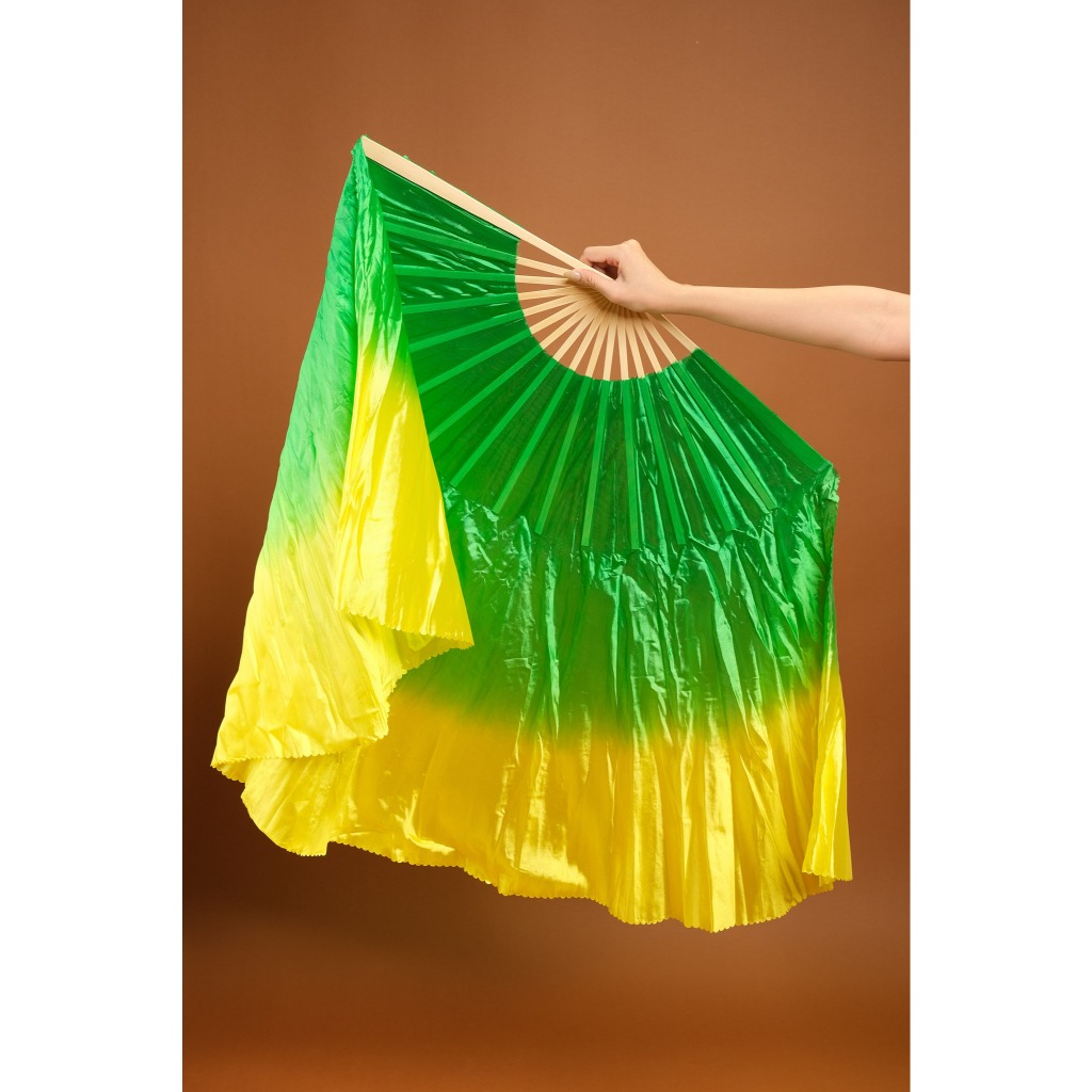 Quạt Lụa Lửng Loang Xanh Lá Vàng Quạt Múa Loang Màu Vải Lụa Mềm Mại Cực Đẹp, Quạt Lụa Lửng Xanh Vàng
