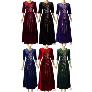 Đầm dạ hội trung niên sang trọng vải nhung hoa ép đá bigsize 75kg, Đầm trung niên dự tiệc sang trọng vải nhung kết đá