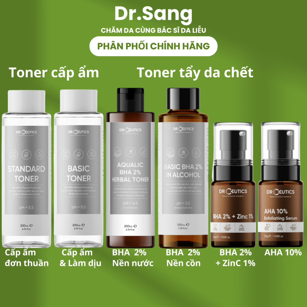 Toner DrCeutics cấp ẩm, làm dịu Basic Standard Toner, tẩy da chết BHA 2% nền nước Aqualic, nền cồn A