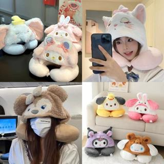 【hàng có sẵn tại VN Gối hình chữ U có mũ trùm đầu hai trong một hoạt hình, bảo vệ cổ, bảo vệ cổ, gối cổ, gối máy bay