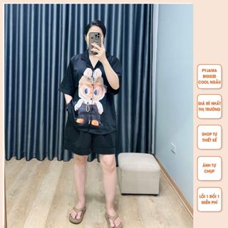 Bộ Pyjama bigsize Labubu cộc đùi mặc nhà giá rẻ chất lụa Mango ko nhăn dành cho nữ, mẹ bầu.