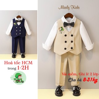 Bộ Vest Công Tử Cho Bé Trai Màu Be Xanh navy Mialy Kids Set Vest Com Lê Cao Cấp Kèm Áo Sơ Mi, Nơ Cổ, Hoa Cài XT8825