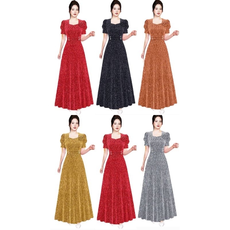 Đầm dạ hội trung niên cổ nữ hoàng phối hoa to tay nhún nhấn ly eo đính ngọc chất thun nhũ đính đá nguyên đầm size 75kg