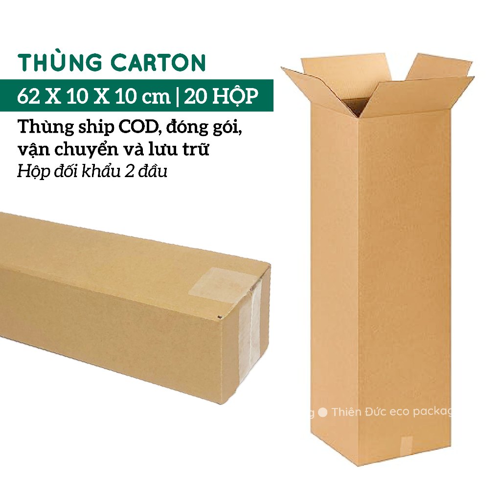Combo 20 hộp giấy carton 60x10x10 cm dáng dài. Thùng ship cod đựng ván gỗ, hoa khô... 62x10x10 cm