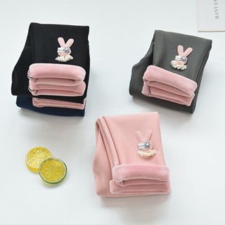 Quần tất lót lông cho bé gái trơn đính thỏ, Quần legging lót lông cho bé siêu sành điệu chất dày dặn