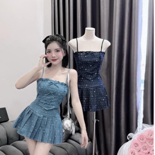 set jean in nơ nhí áo 2 dây hàng nơ bèo kèm váy xếp ly ngắn