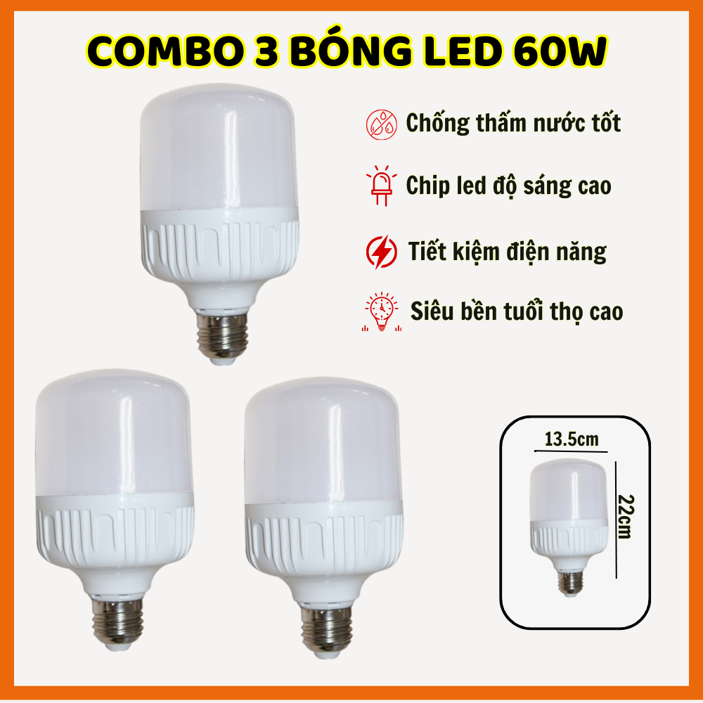 Combo 3 Bóng Đèn Siêu Sáng Công Suất 60W Ánh Sáng Trắng Cao Cấp Tiết Kiệm Điện