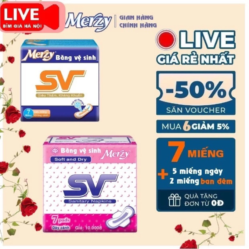 (6 gói) Băng vệ sinh Merzy Sv (7 miếng/gói 5 miếng thường + 2 đêm) #bvs quần diana #băng vệ sinh quầ