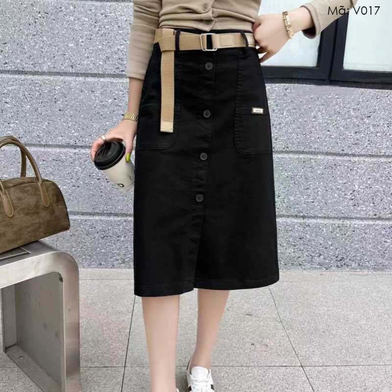 Chân váy denim retro KAMAKA bốn khuy cài kiểu xẻ trước - V017