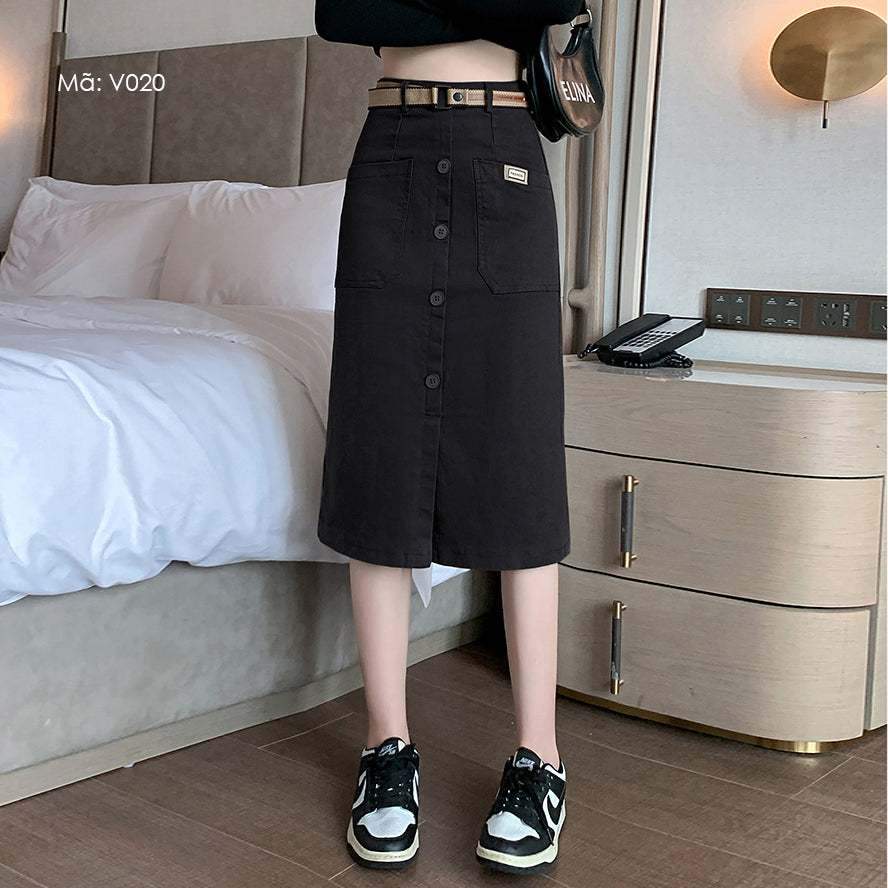 Chân váy denim retro KAMAKA hai túi vuông khuy cài - V020