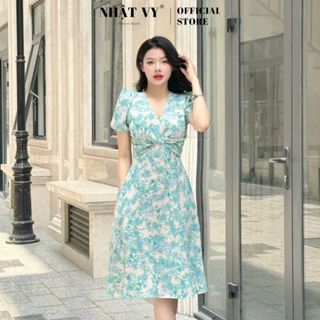 Đầm hoa Nhật Vy cổ V xoắn eo dáng xoè chất lụa mango phù hợp công sở dạo phố sang chảnh - D3001