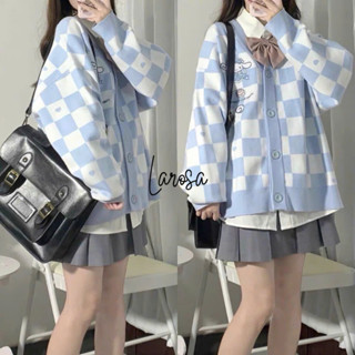 Áo khoác len cardigan , áo khoác len nữ kẻ sọc CARO thêu logo ngực form rộng vải len dệt kim QCCC loại 1 phong cách Hàn