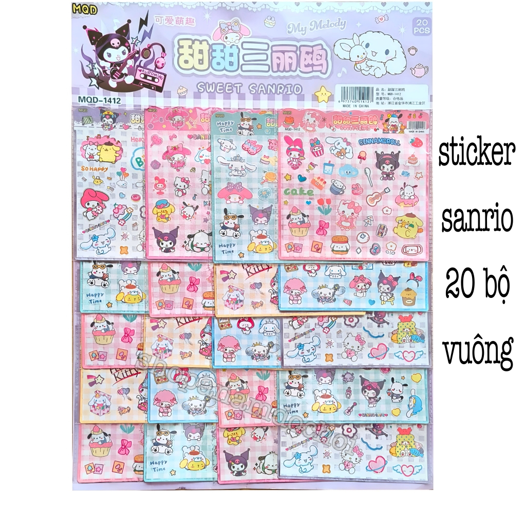 vỉ 20 bộ sticker sanrio mã MQD sticker kuromi , sticker Hello Kitty vuông to