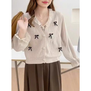 Áo gile nữ , áo gile len nữ (Không kèm áo trong) hoạ tiết nơ cúc bọc cổ V màu màu be đen đỏ dệt QCCC Loại 1 pc hàn quốc.