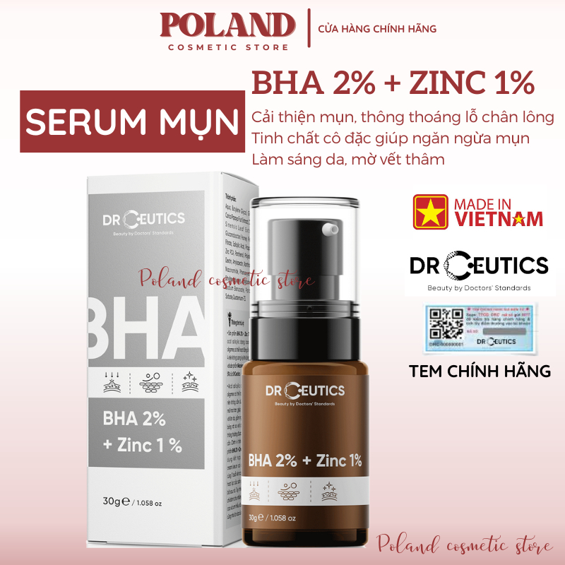 Serum mụn Drceutics BHA 2% + ZinC 1% Giảm Sưng Đỏ, Giảm Dầu Thông Thoáng Lỗ Chân Lông 30ML