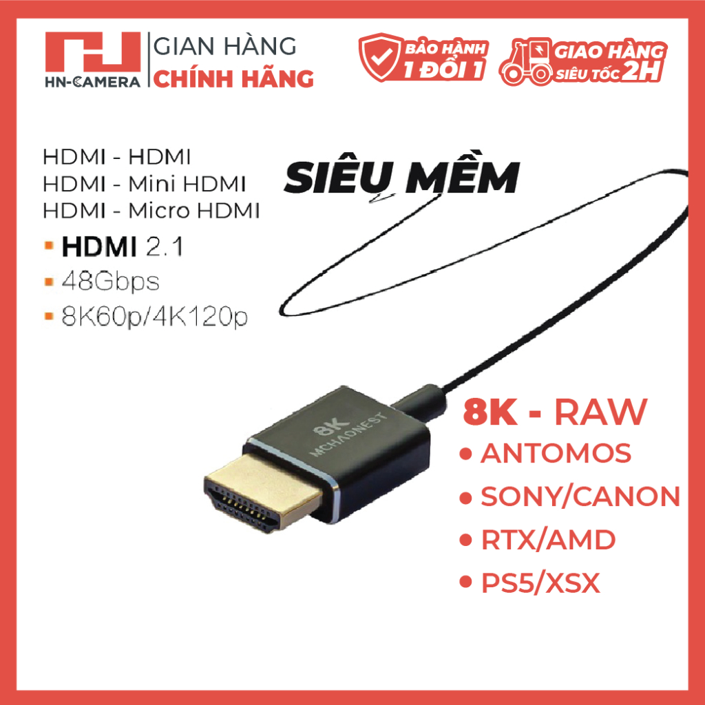 Dây cáp Mini/Micro/HDMI to HDMI chuẩn 2.1 Raw 8K Siêu mềm cho Antomos