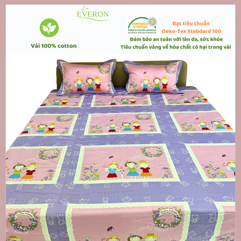 Drap ga chun mỏng vỏ gối Everon AMI màu hồng tím đáng yêu cho bé 1m6*2m thanh lý