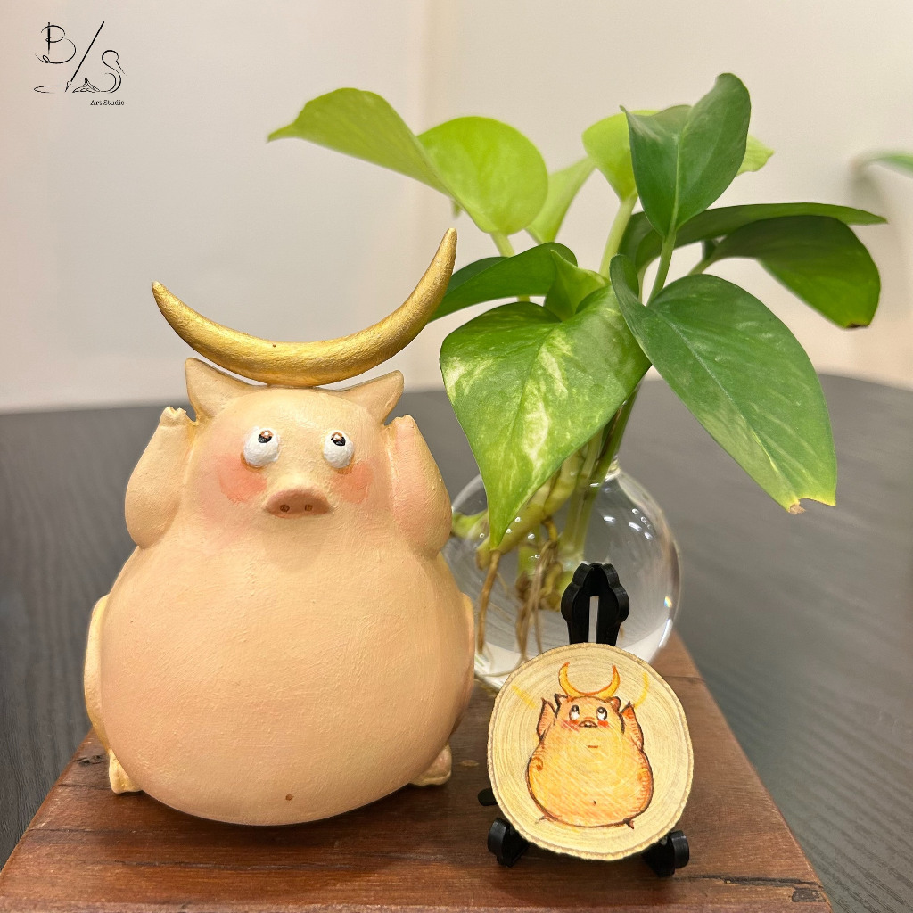 Tượng Gốm Thủ Công - Vẽ tay "Pig Moon" - Heo nhỏ nhặt Ánh Trăng Tri Thức -Tượng may mắn - Quà tặng