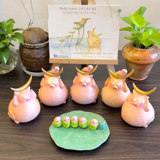 Tượng Gốm Thủ Công - Vẽ tay "Pig Moon" - Heo nhỏ nhặt Ánh Trăng Tri Thức -Tượng may mắn - Quà tặng