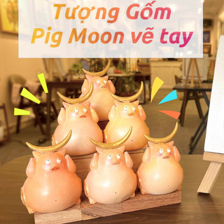 Tượng Gốm Thủ Công - Vẽ tay "Pig Moon" - Heo nhỏ nhặt Ánh Trăng Tri Thức -Tượng may mắn - Quà tặng