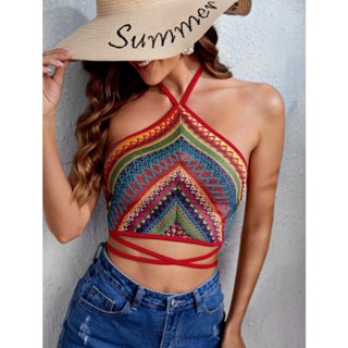 (NÊN MUA LÙI 1 SIZE SO VỚI THƯỜNG MẶC - SẴN SHIP - ORDER SHEIN ) THOCA TOP - Áo croptop cổ yếm thổ cẩm boho y2k