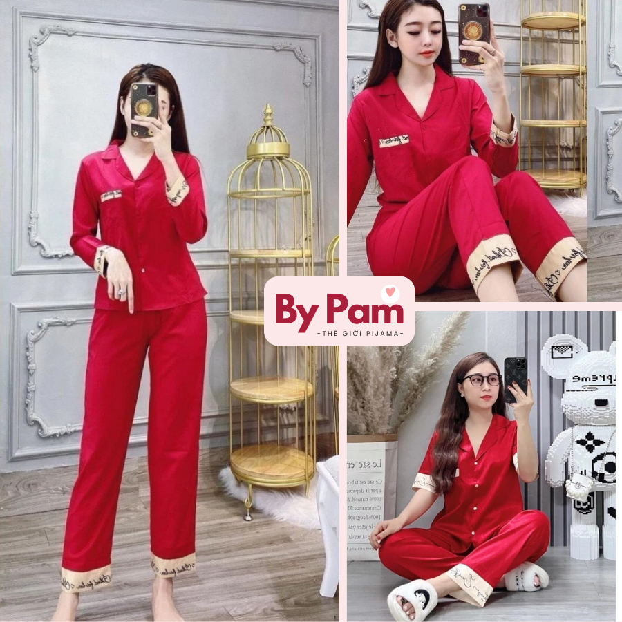 Set Đồ Pyjama Nữ By Pam Đồ Ngủ Họa Tiết Chữ Ký Tiểu Thư Chất Lụa Kate Cao Cấp Thoáng Mát Hàng Thiết Kế 3025D
