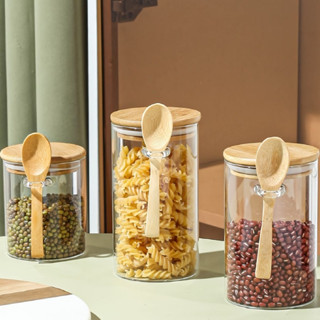 Lọ thuỷ tinh tròn nắp gỗ kèm muỗng gỗ, hũ thuỷ tinh có gài kèm thìa gỗ, hũ đựng gia vị, thực phẩm