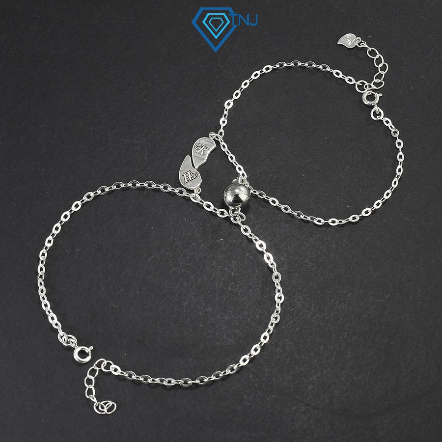 Lắc tay đôi bạc gắn nam châm trái tim ghép khắc tên theo yêu cầu, vòng tay bạc cặp đôi cao cấp LTD00