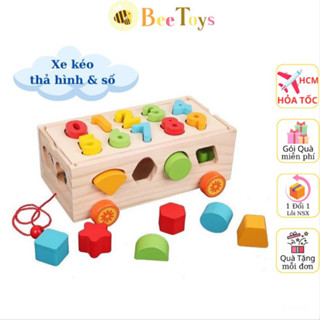 Đồ chơi thả hình cho bé, xe ô tô đồ chơi gỗ có dây kéo thả hình và số, đồ chơi thông minh phát triển trí tuệ cho bé