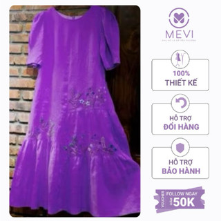 Đầm tím tay phồng dáng ngắn chất liệu linen có thêu hình hoa  Mái Em _V8063