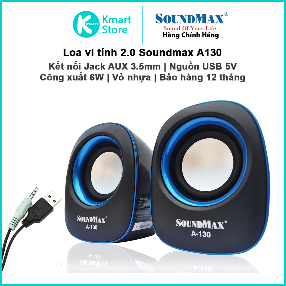  Loa vi tính 2.0 SoundMax A130 | Công suất 6W  Nguồn USB 5V  kết nối Jack 3.5mm | Bảo hành 1 năm 